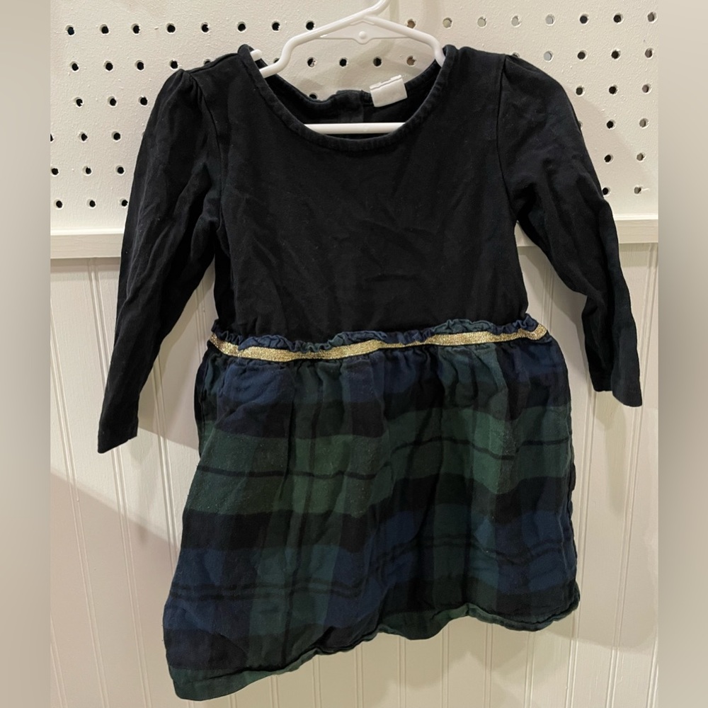 Baby gap green plaid and black holiday dress with gold trim